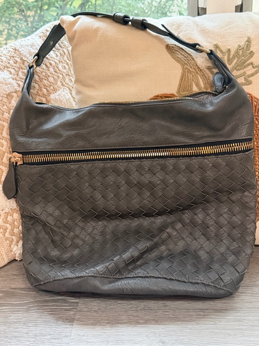 Madison West Woven Leather Shoulder Bag - Dark Gray